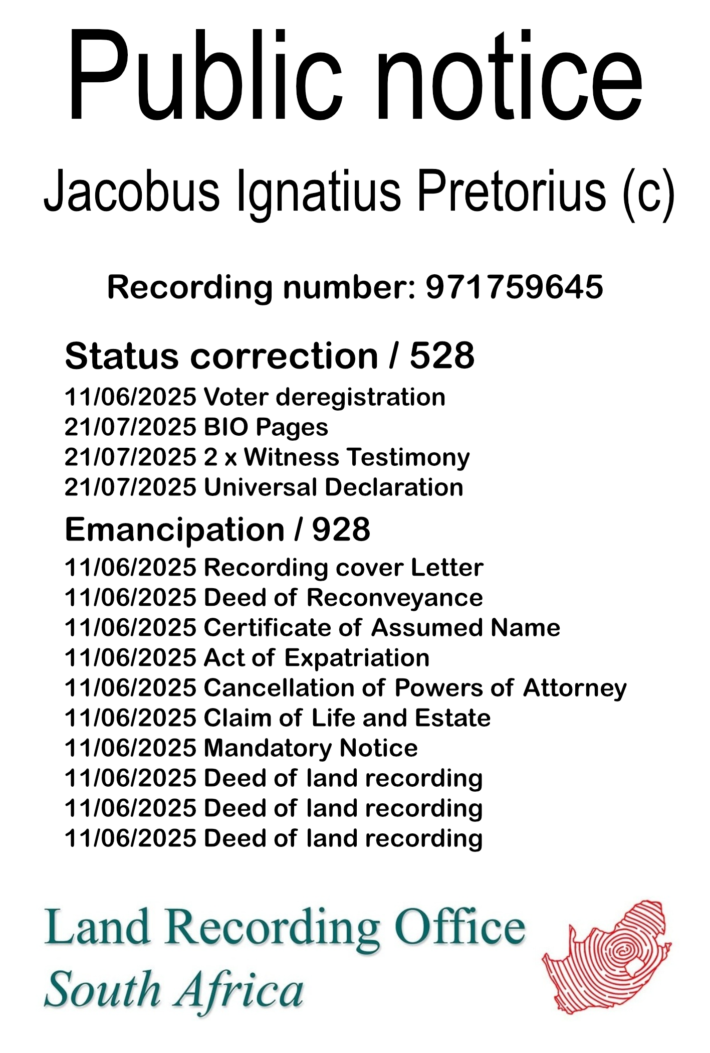 Public notice Jacobus Ignatius Pretorius (c) Recording number 971759645